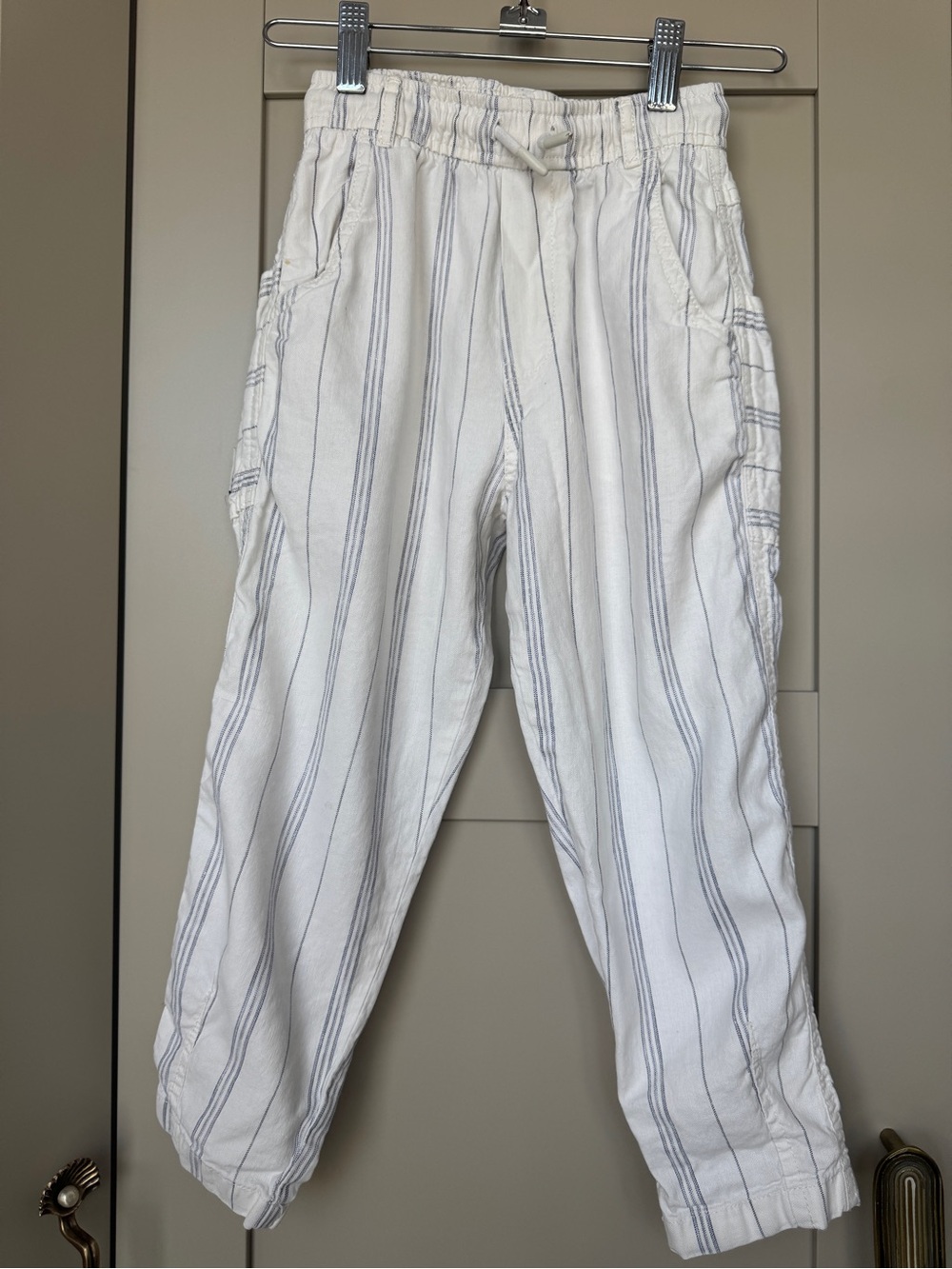 Linen & Cotton Blend Boys White and Blue Striped Zara Pants w Drawstring Surf Co